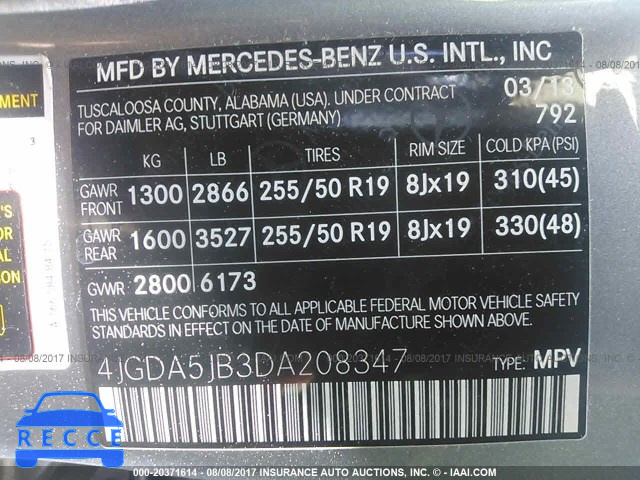 2013 Mercedes-benz ML 350 4JGDA5JB3DA208347 зображення 8