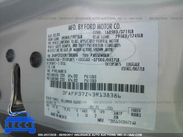 2003 Ford Focus 3FAFP37Z43R138386 зображення 8