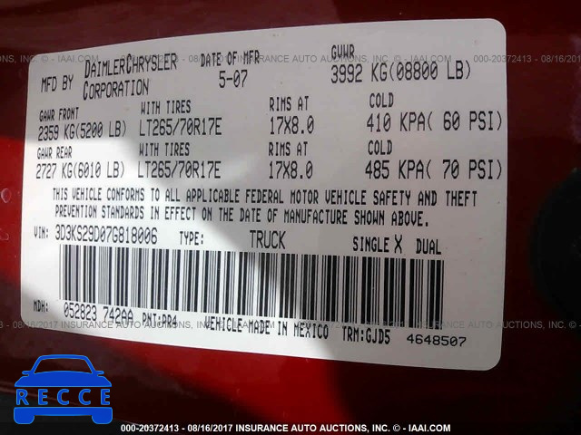 2007 DODGE RAM 2500 3D3KS29D07G818006 image 8