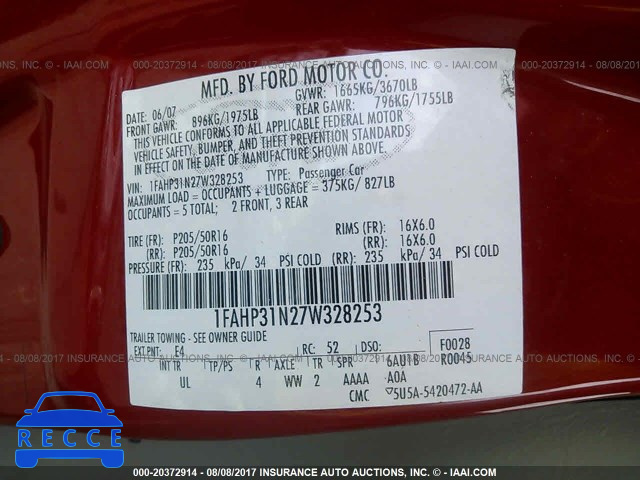 2007 Ford Focus 1FAHP31N27W328253 image 8