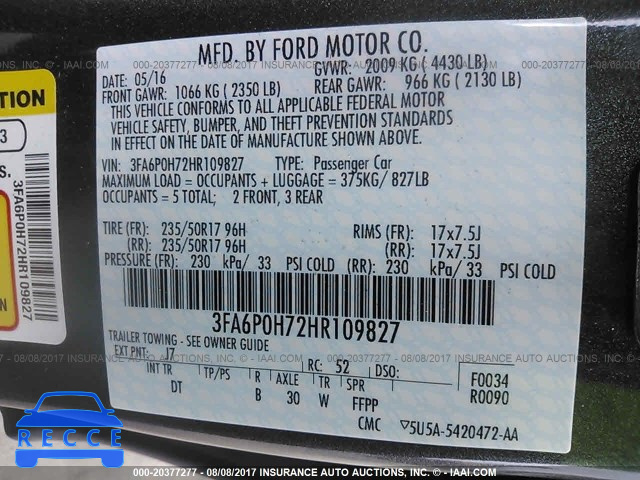 2017 FORD FUSION 3FA6P0H72HR109827 Bild 8