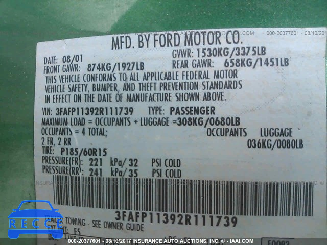 2002 Ford Escort 3FAFP11392R111739 image 8