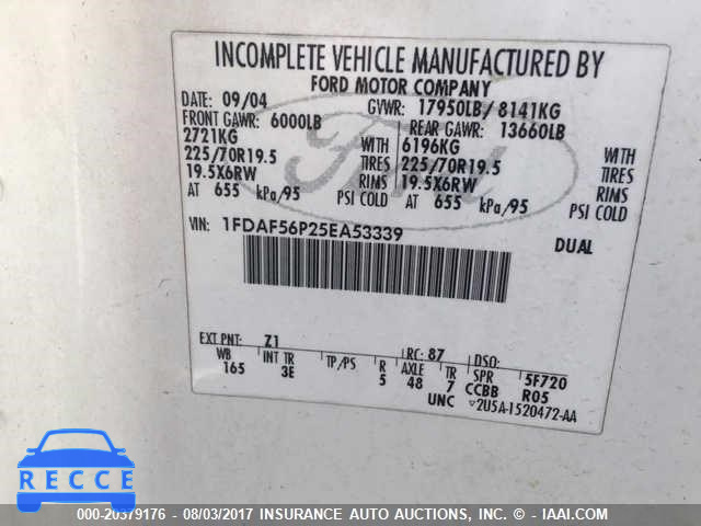 2005 FORD F550 1FDAF56P25EA53339 image 9