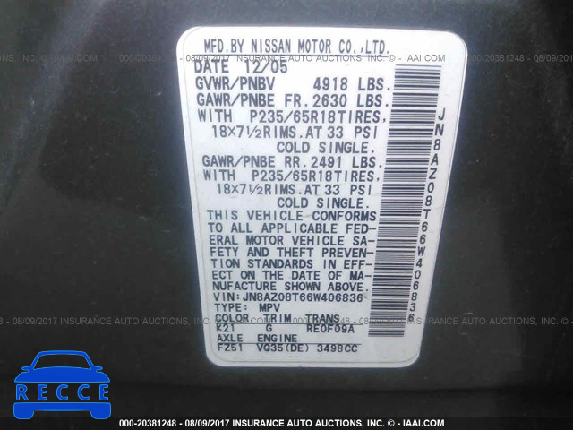 2006 Nissan Murano JN8AZ08T66W406836 зображення 8