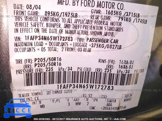 2005 Ford Focus 1FAFP34N65W172783 Bild 8