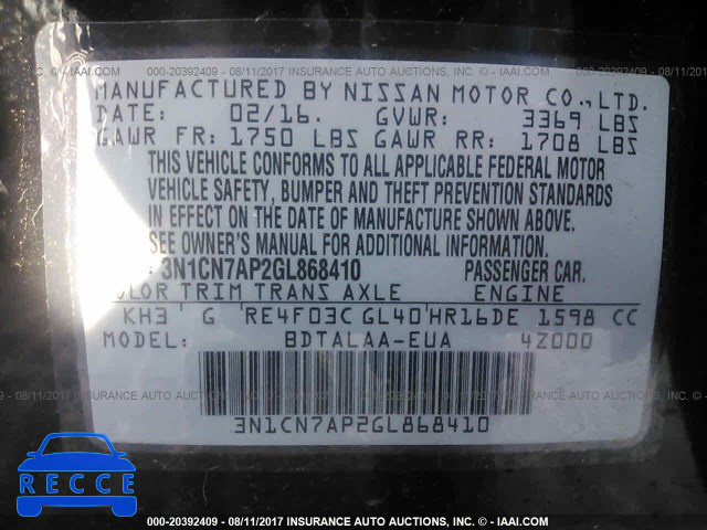 2016 Nissan Versa 3N1CN7AP2GL868410 image 8