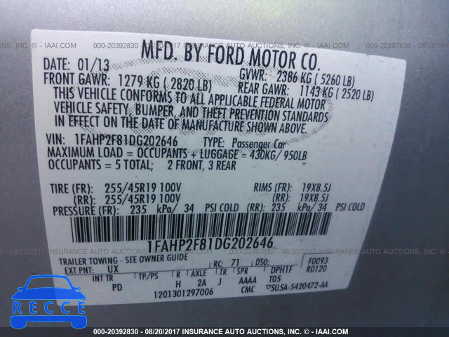 2013 Ford Taurus LIMITED 1FAHP2F81DG202646 Bild 8