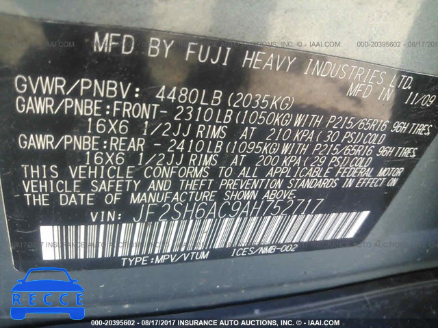 2010 SUBARU FORESTER JF2SH6AC9AH752717 image 8