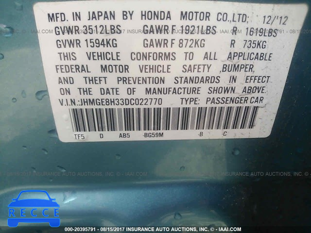 2013 Honda FIT JHMGE8H33DC022770 image 8