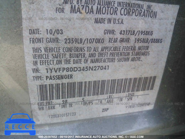 2004 MAZDA 6 S 1YVFP80D345N27041 image 8