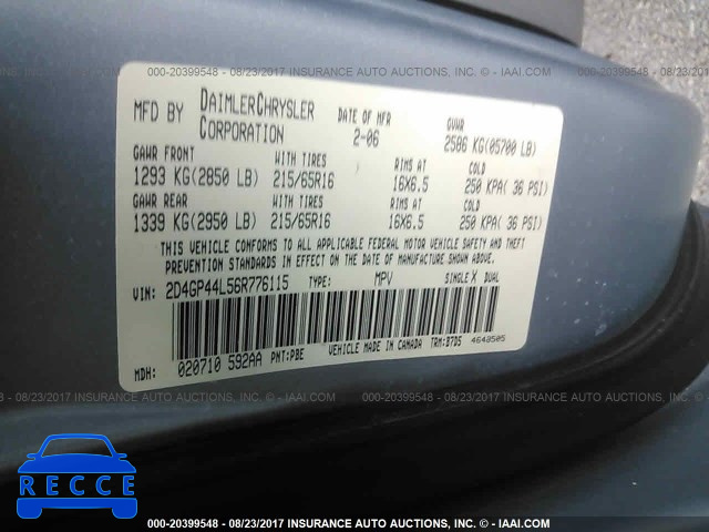 2006 DODGE GRAND CARAVAN 2D4GP44L56R776115 Bild 8