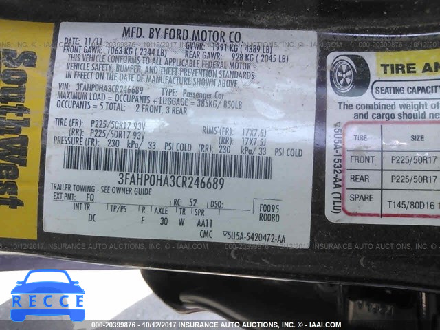 2012 Ford Fusion 3FAHP0HA3CR246689 image 8