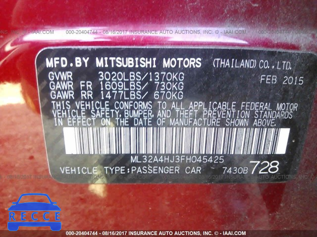 2015 Mitsubishi Mirage ES ML32A4HJ3FH045425 зображення 8