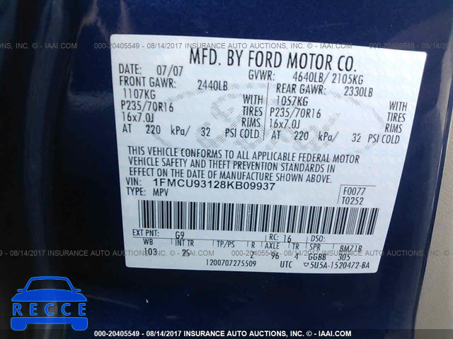 2008 Ford Escape 1FMCU93128KB09937 зображення 8