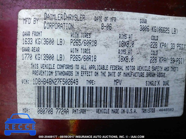 2007 Dodge Durango SLT 1D8HB48N27F502649 image 8