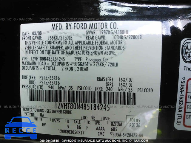 2008 Ford Mustang 1ZVHT80N485184245 image 8