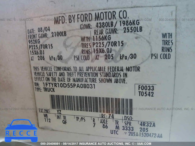 2005 Ford Ranger 1FTYR10D55PA08031 image 8