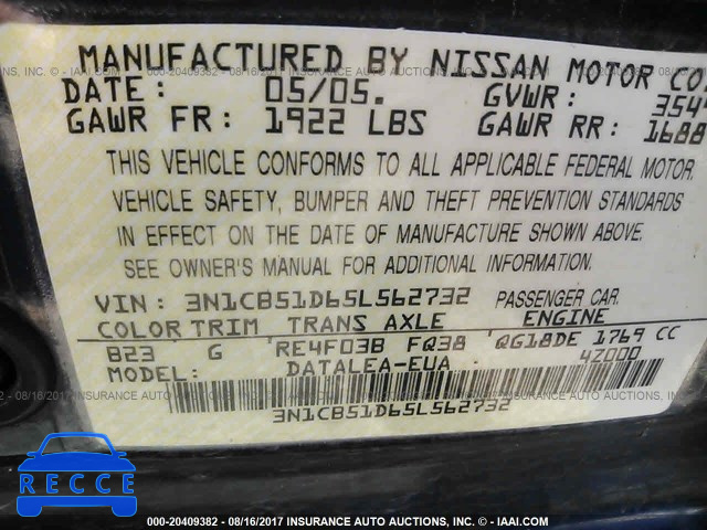 2005 Nissan Sentra 3N1CB51D65L562732 image 8