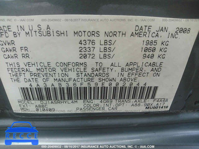 2009 Mitsubishi Galant 4A3AB36F59E002044 зображення 8