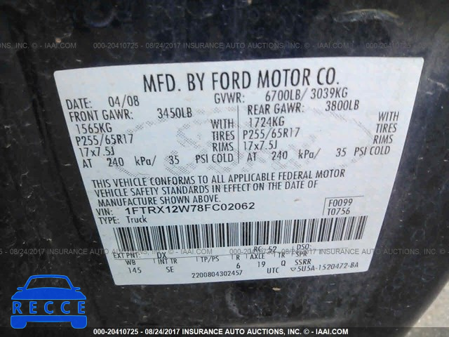 2008 Ford F150 1FTRX12W78FC02062 зображення 8