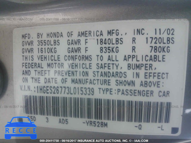 2003 Honda Civic 1HGES26773L015339 image 8