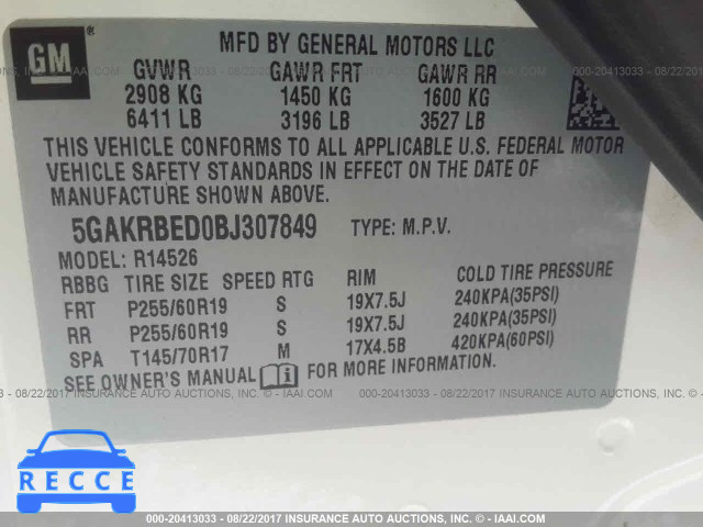 2011 Buick Enclave CXL 5GAKRBED0BJ307849 image 8