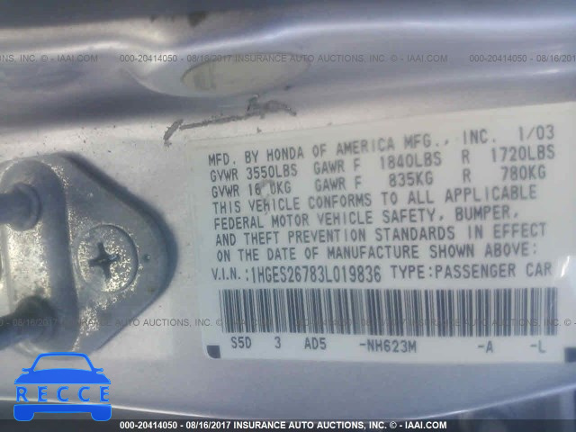 2003 Honda Civic 1HGES26783L019836 image 8