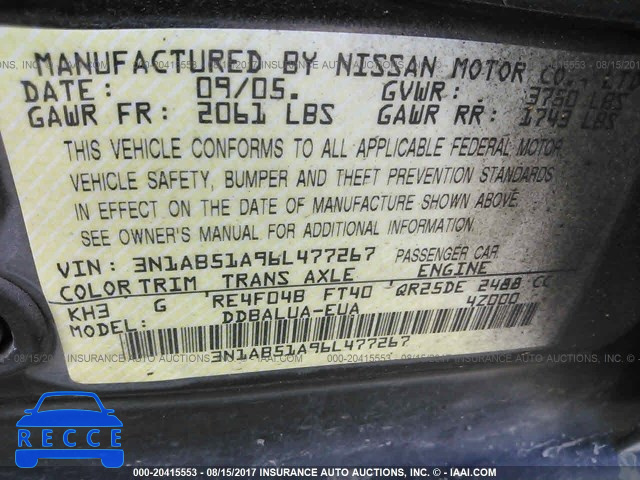 2006 NISSAN SENTRA 3N1AB51A96L477267 Bild 8