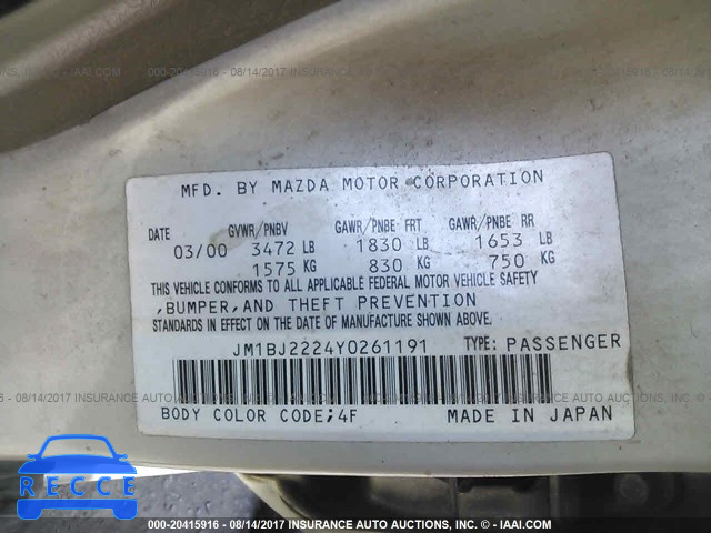 2000 Mazda Protege JM1BJ2224Y0261191 зображення 8