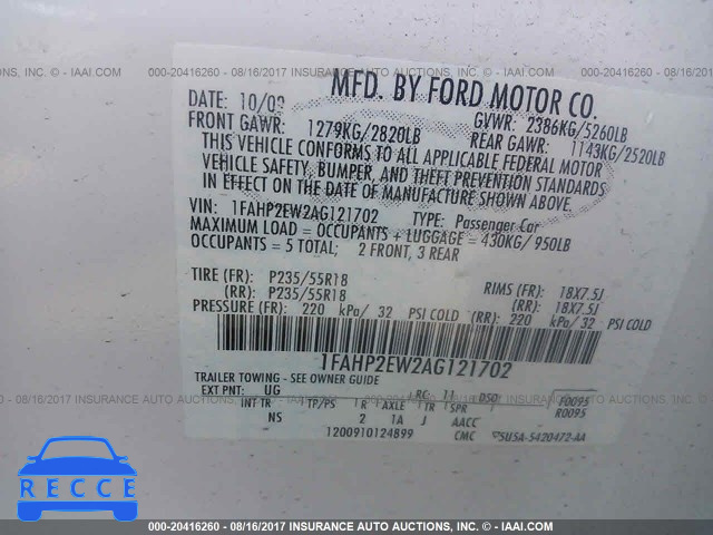 2010 FORD TAURUS SEL 1FAHP2EW2AG121702 image 8