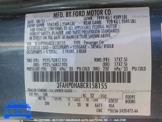 2012 Ford Fusion 3FAHP0HA8CR158155 image 8