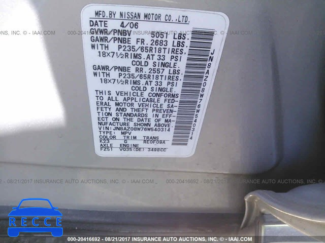 2006 Nissan Murano JN8AZ08W76W540314 image 8