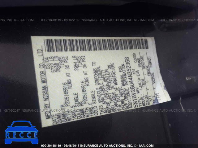 2004 Nissan Quest 5N1BV28U44N352368 Bild 8
