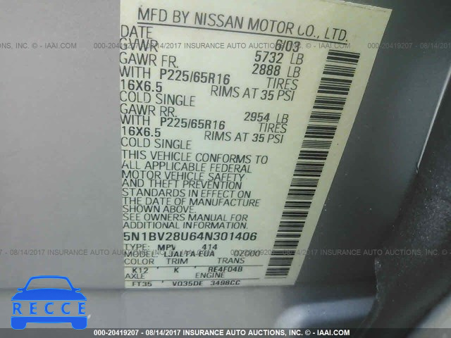 2004 Nissan Quest S/SE/SL 5N1BV28U64N301406 image 8