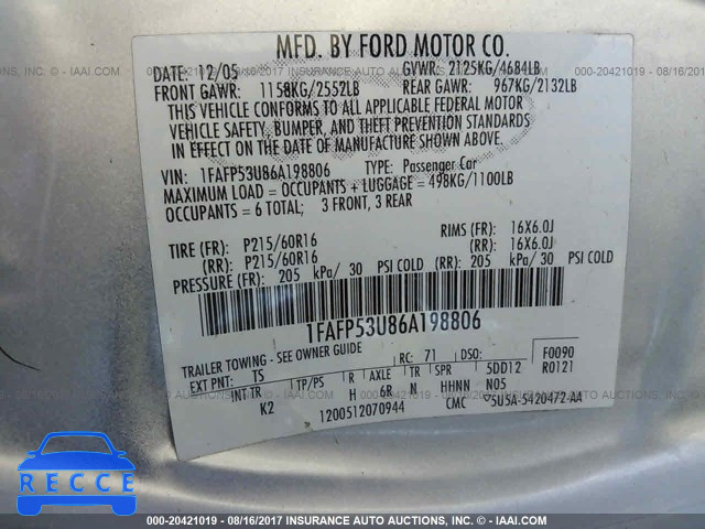 2006 FORD TAURUS 1FAFP53U86A198806 image 8