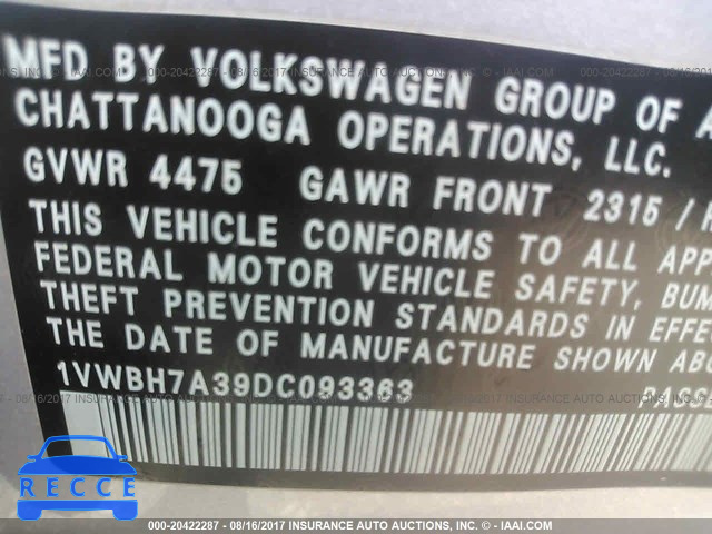 2013 Volkswagen Passat 1VWBH7A39DC093363 зображення 8