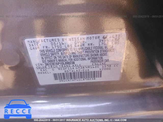2016 Nissan Versa 3N1CN7AP1GL898238 image 8