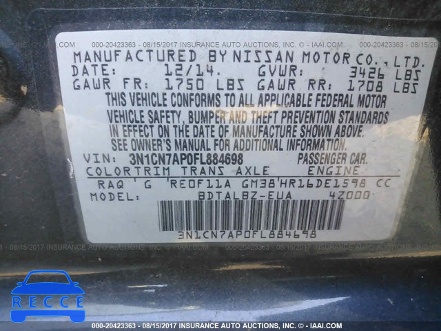 2015 Nissan Versa 3N1CN7AP0FL884698 зображення 8