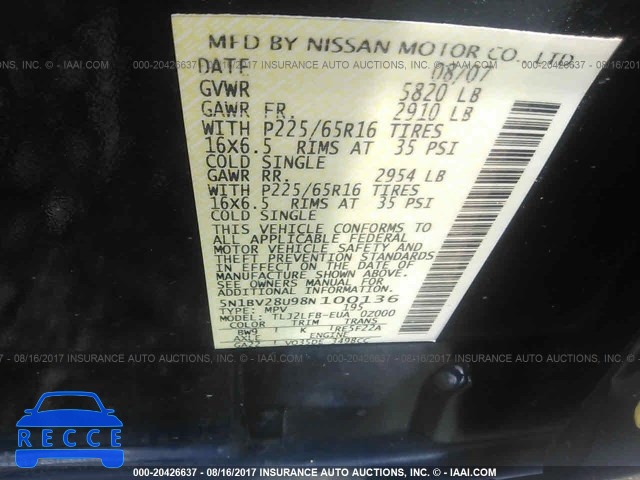 2008 Nissan Quest 5N1BV28U98N100136 зображення 8