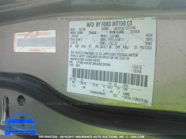 2008 Ford Explorer XLT 1FMEU63E38UB23098 Bild 8