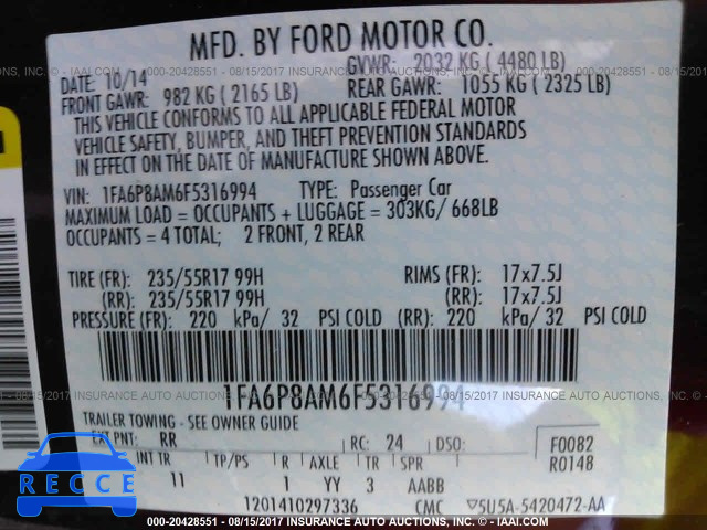 2015 Ford Mustang 1FA6P8AM6F5316994 зображення 8