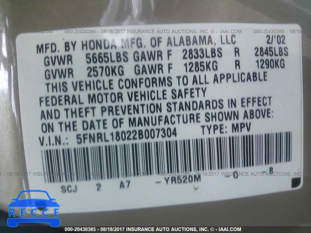 2002 Honda Odyssey 5FNRL18022B007304 image 8