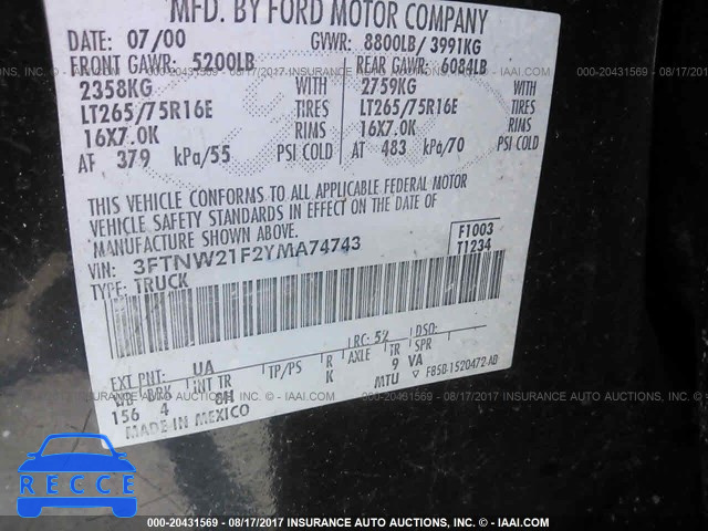 2000 Ford F250 SUPER DUTY 3FTNW21F2YMA74743 image 8