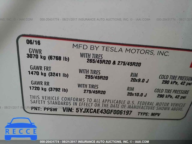 2016 Tesla Model X 5YJXCAE43GF006197 зображення 8