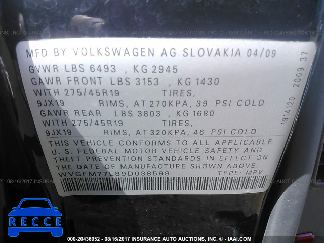 2009 Volkswagen Touareg 2 WVGFM77L89D038598 Bild 8