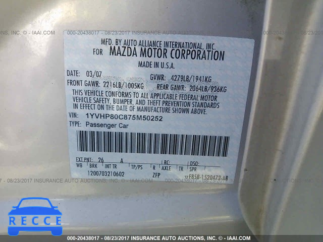 2007 Mazda 6 I 1YVHP80C875M50252 image 8