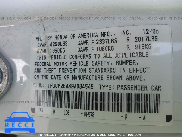 2009 HONDA ACCORD 1HGCP264X9A084545 image 8