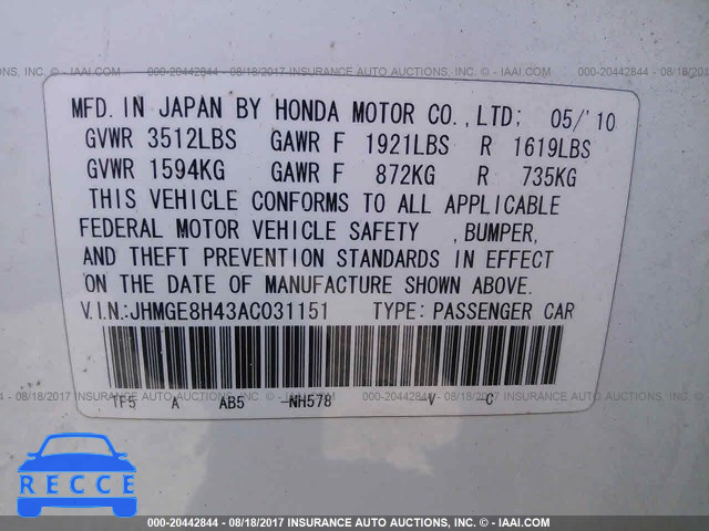 2010 Honda FIT SPORT JHMGE8H43AC031151 Bild 8