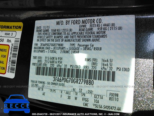 2016 Ford Fusion 3FA6P0G70GR279880 image 8