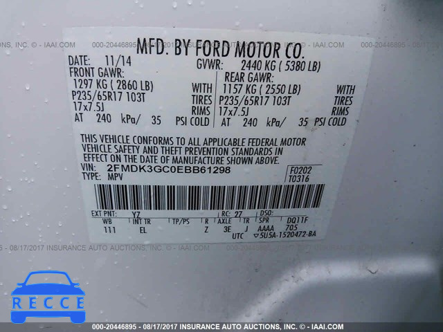 2014 Ford Edge SE 2FMDK3GC0EBB61298 зображення 8